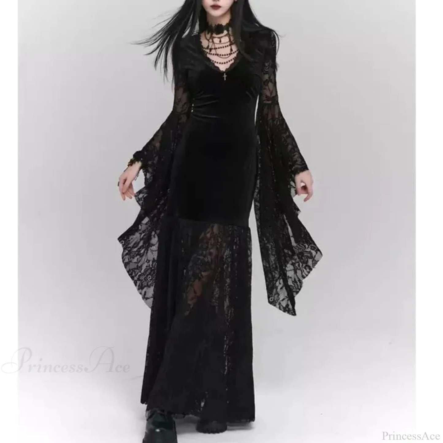 V-neck Irregular Flare Lace Midi Dress Black / S