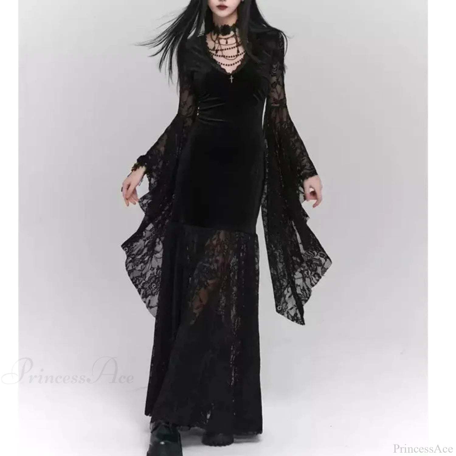 V-neck Irregular Flare Lace Midi Dress Black / S