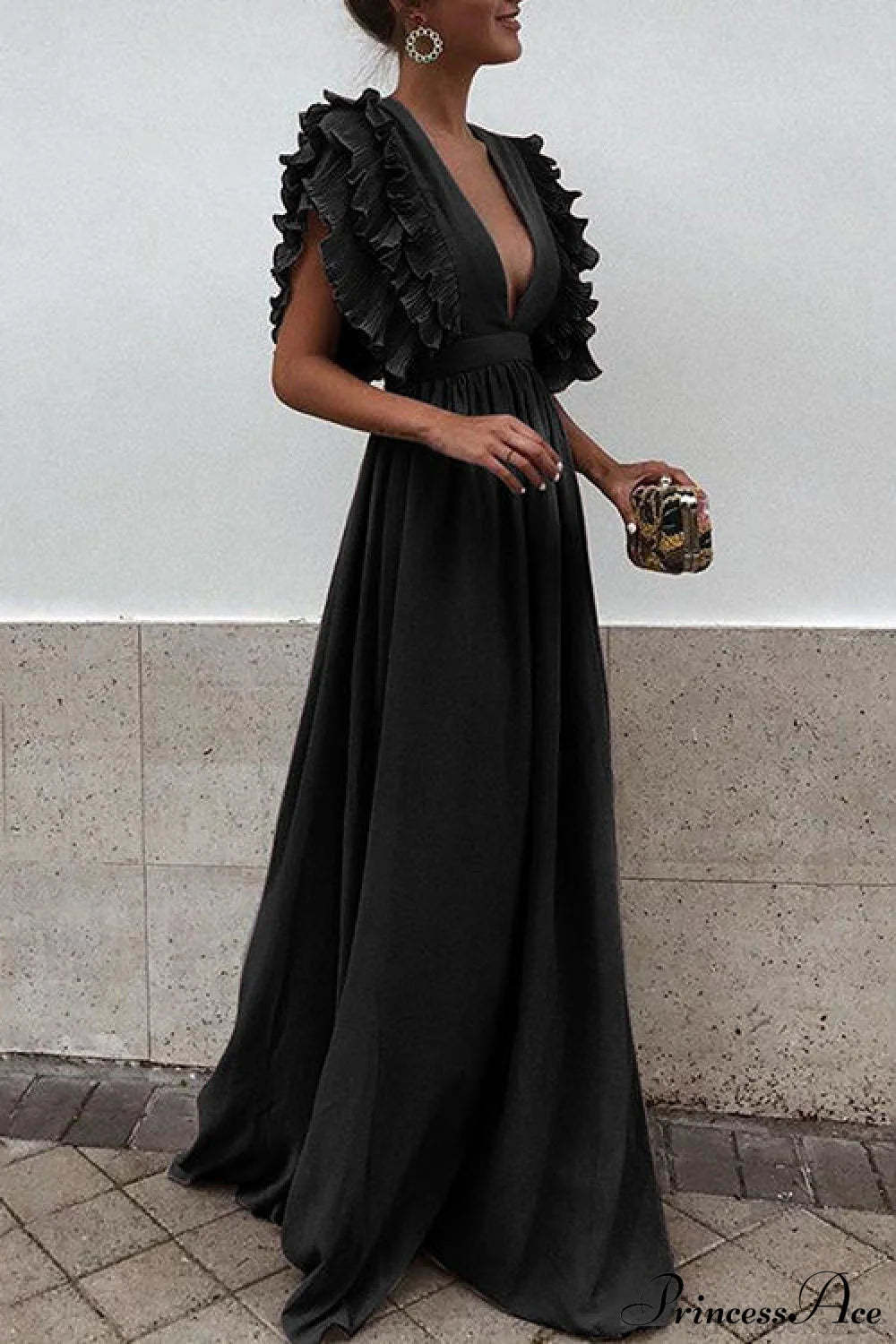 V Neck Ruffled High Waist Party Dress S / Black V Neck Long Maxi Dress