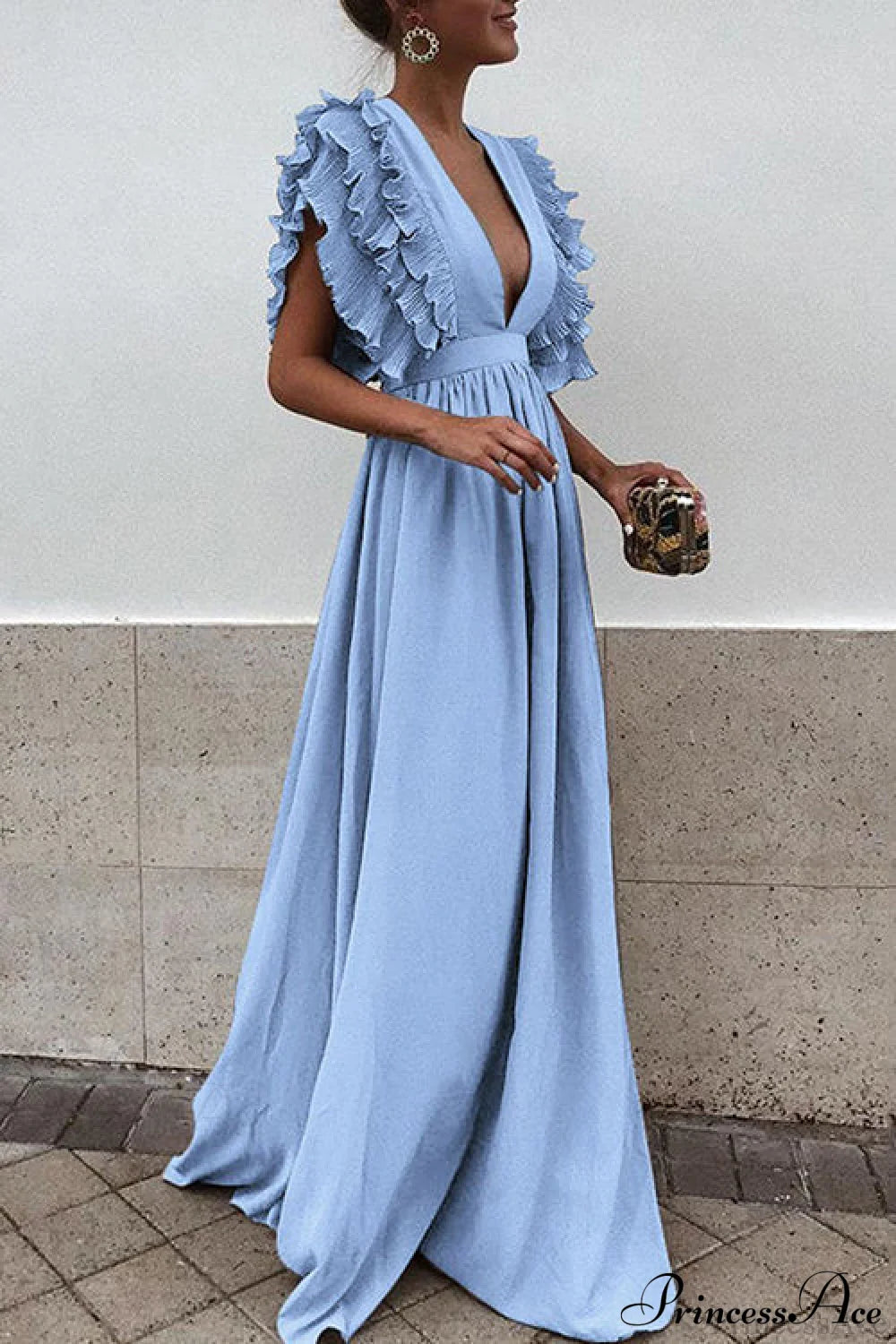 V Neck Ruffled High Waist Party Dress S / White V Neck Long Maxi Dress