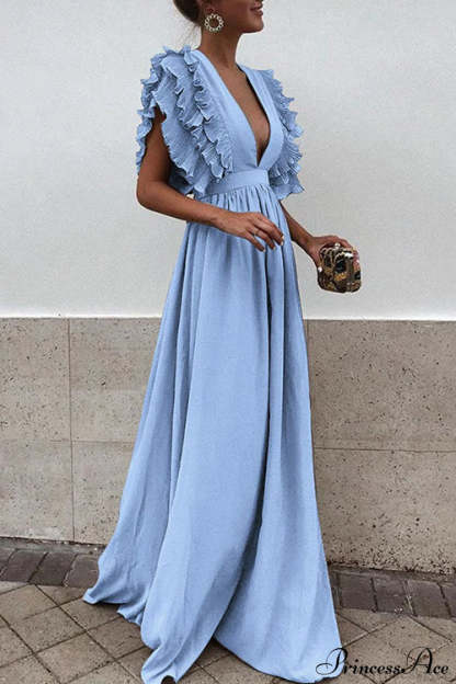 V Neck Ruffled High Waist Party Dress S / White V Neck Long Maxi Dress
