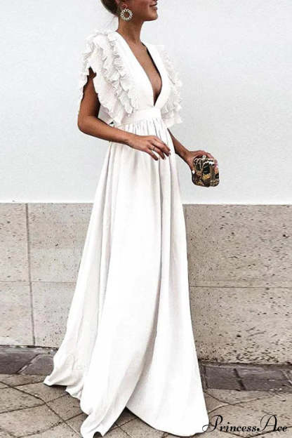 V Neck Ruffled High Waist Party Dress S / Gray V Neck Long Maxi Dress