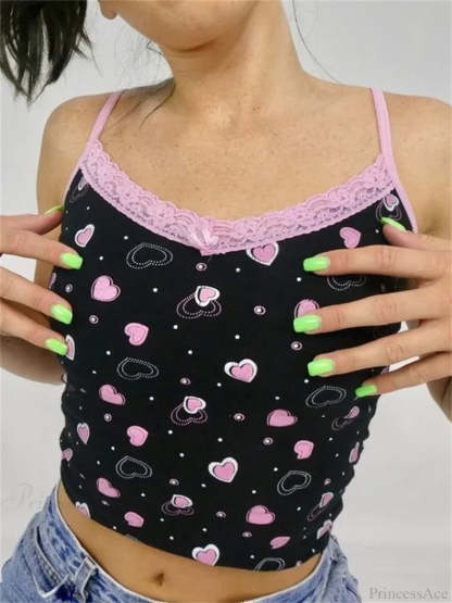 Valentine’s Hearts Lace Trim V-neck Crop Top BLACK / S croptop-250126