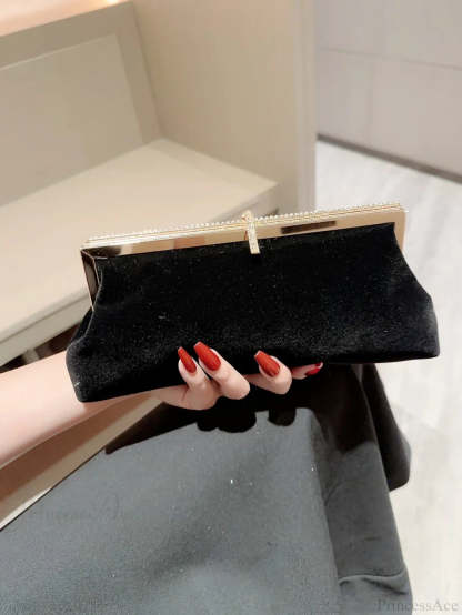 Velvet Fish Hook Rhinestone Decorated Evening Clutch Party Wedding Bag Black / (20cm clutchbag-250126