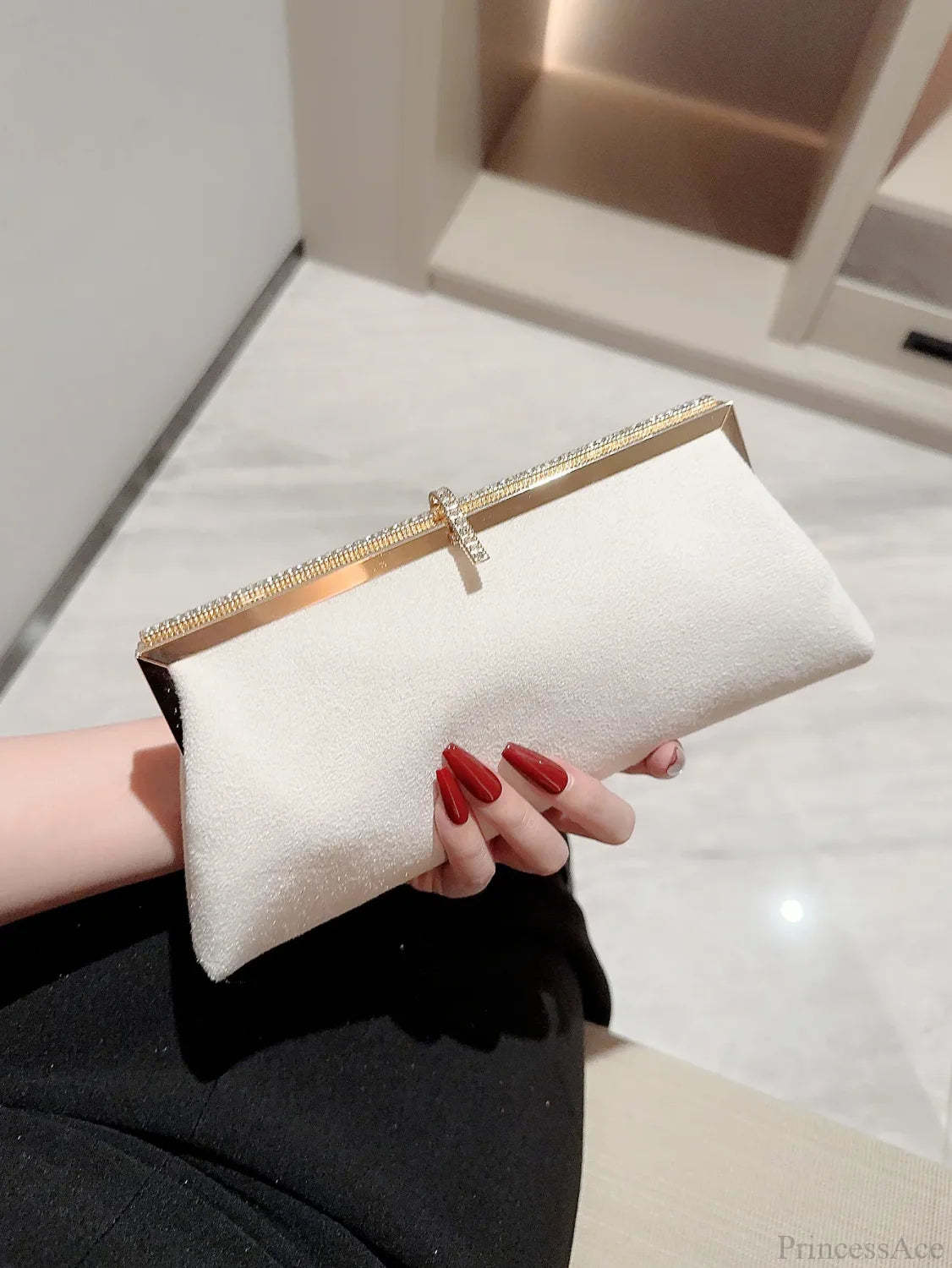 Velvet Fish Hook Rhinestone Decorated Evening Clutch Party Wedding Bag WHITE / (20cm clutchbag-250126