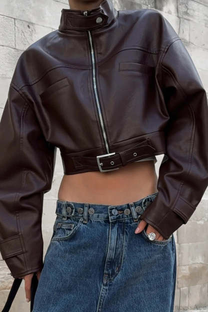 Vintage Biker Stand Collar Zipper Leather Jacket Brown / S
