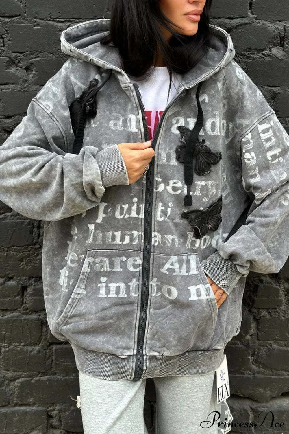 Vintage Bow Letter Distressed Hoodie Grey / S