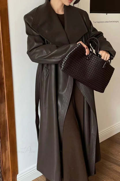 Vintage Broad Lapel Waist-Tied Leather Overcoat