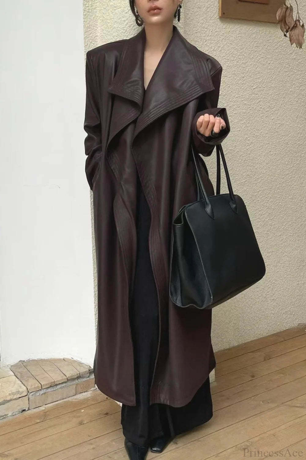 Vintage Broad Lapel Waist-Tied Leather Overcoat