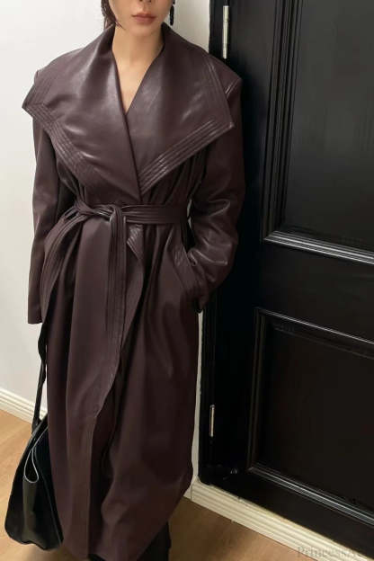 Vintage Broad Lapel Waist-Tied Leather Overcoat