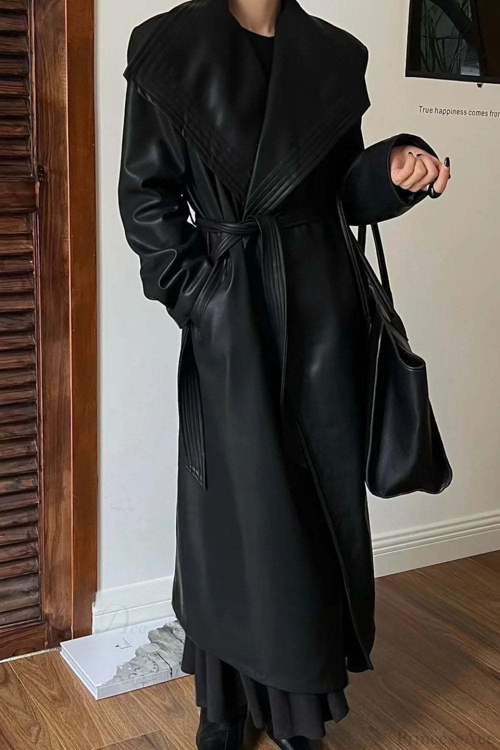 Vintage Broad Lapel Waist-Tied Leather Overcoat Black / M