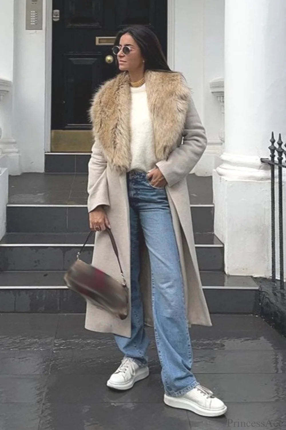 Vintage Chic Wool Blend Fur Collar Elegant Overcoat Apricot / S