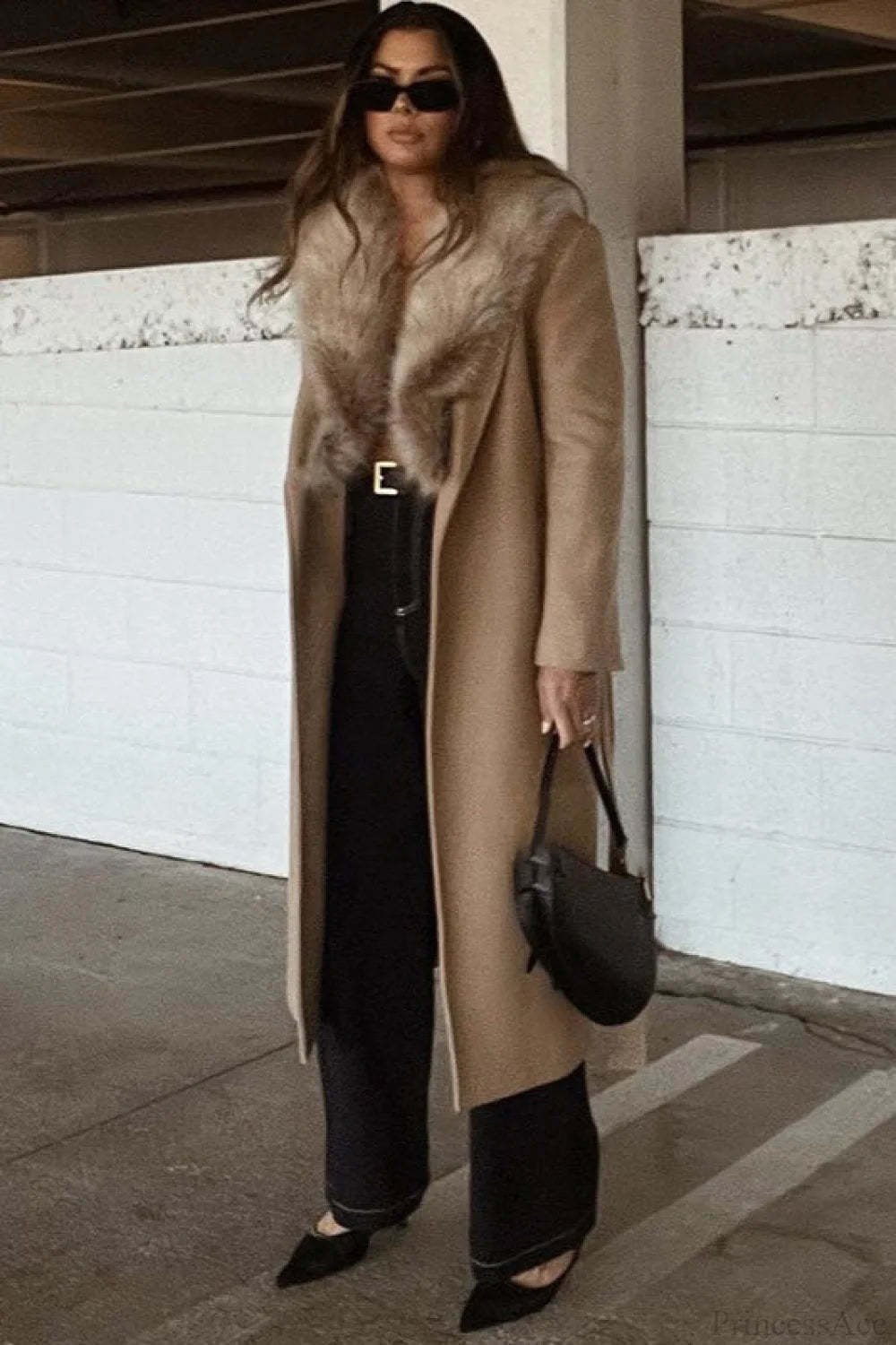 Vintage Chic Wool Blend Fur Collar Elegant Overcoat Khaki / S