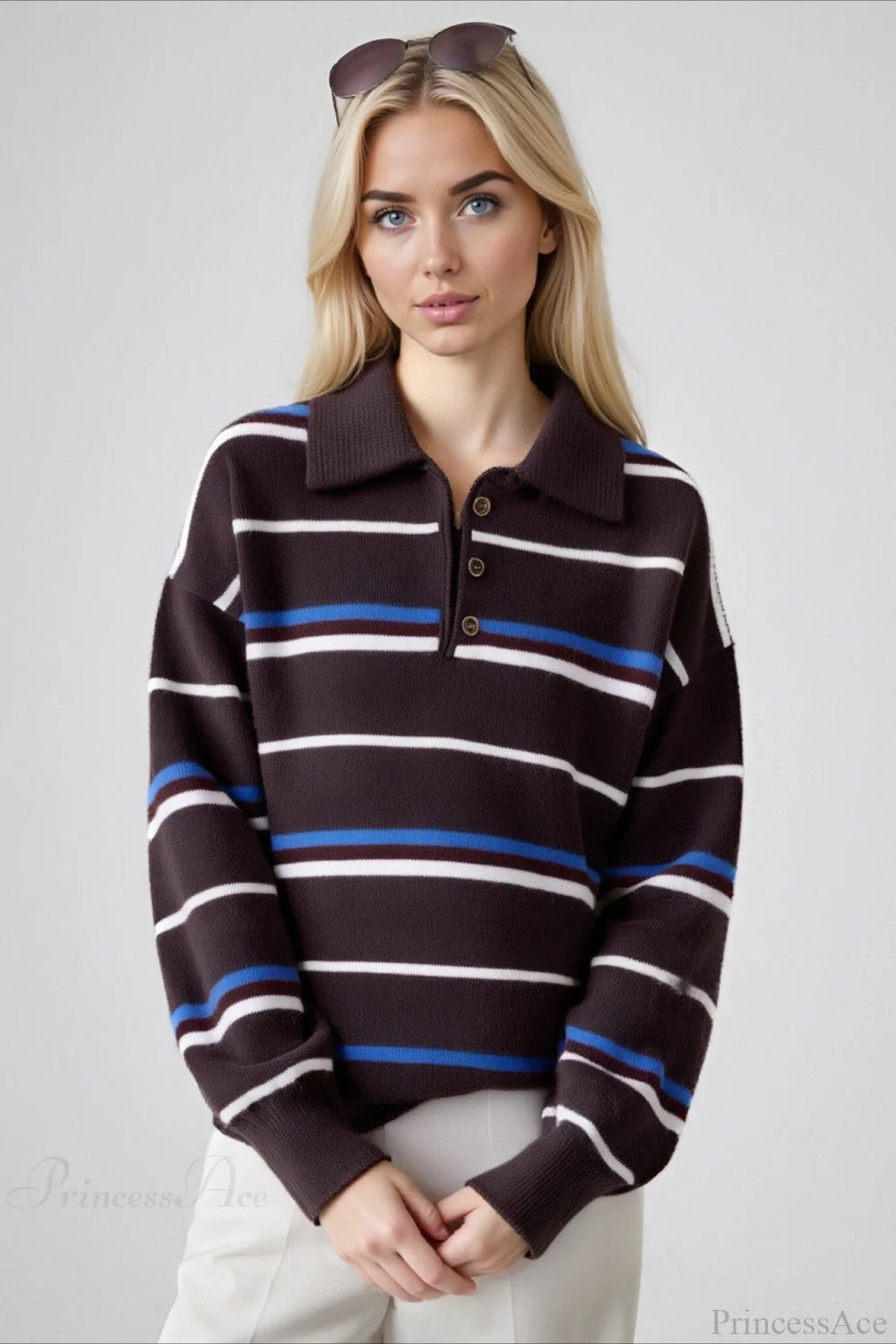 Vintage Colorblock Stripe Collar Patchwork Loose Knit Sweater Brown / One Size