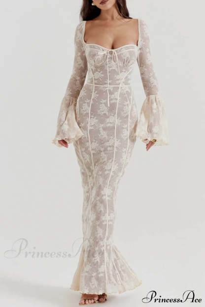 Vintage Cream Stylish Lace Maxi Dress White / S Dresses