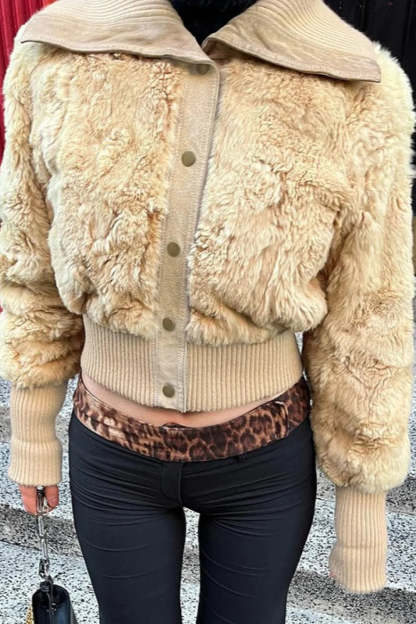 Vintage Cropped Fuzzy Wide Lapel Single Breasted Waist-Cinched Coat
