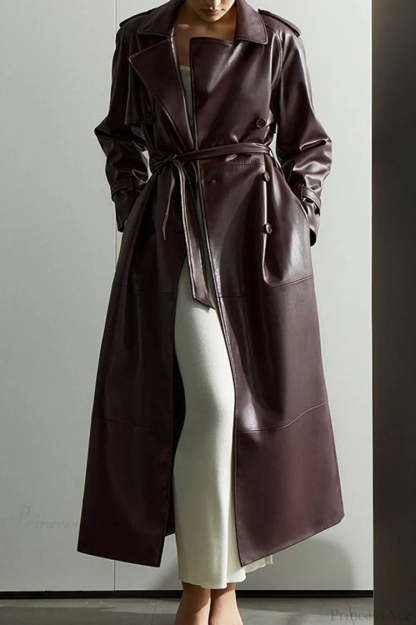 Vintage Elegant Minimalist Tie-Waist Faux Leather Overcoat