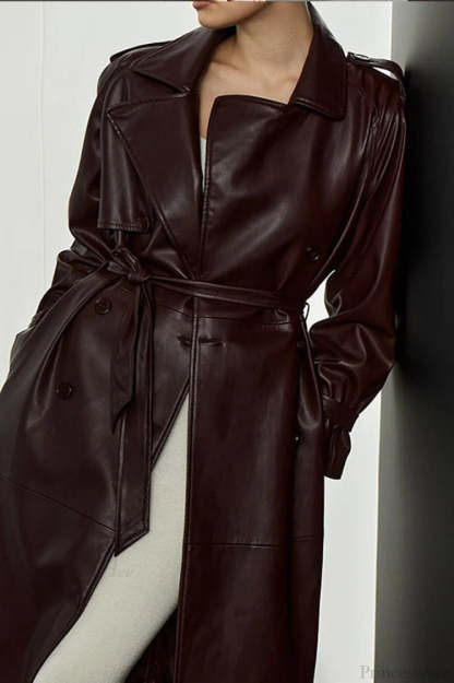 Vintage Elegant Minimalist Tie-Waist Faux Leather Overcoat
