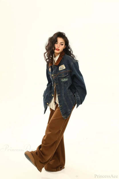 Vintage Embroidered Denim Loose Lapel Utility Jacket