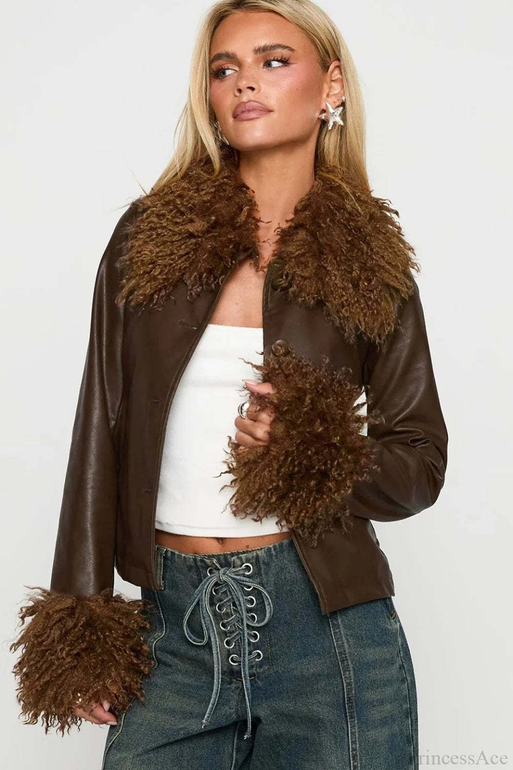 Vintage Fleece-Collar Leather Paneled Jacket