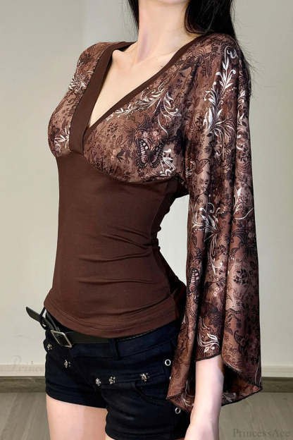Vintage Floral Print V-neck Slim Sexy Long Sleeve Tee