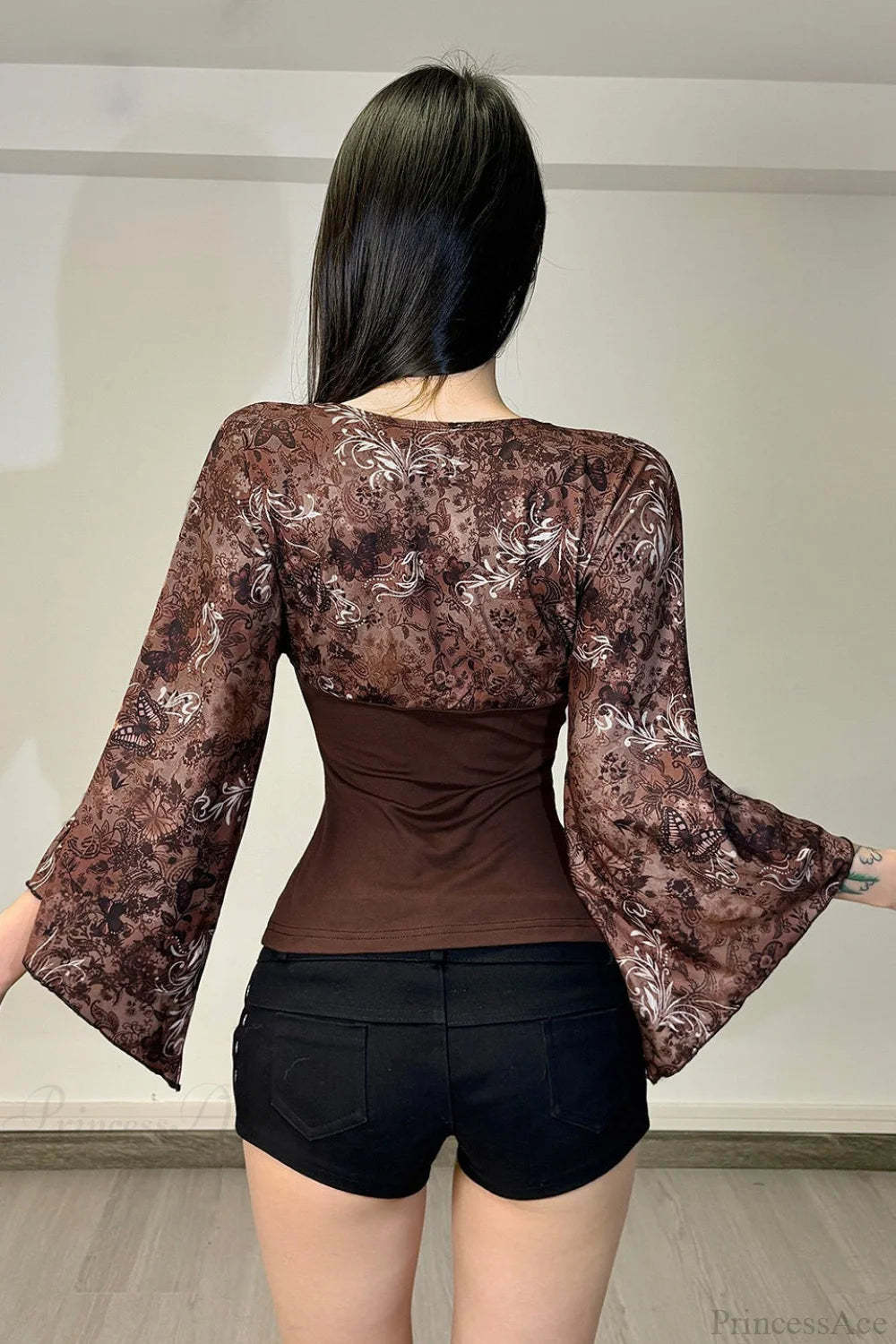 Vintage Floral Print V-neck Slim Sexy Long Sleeve Tee