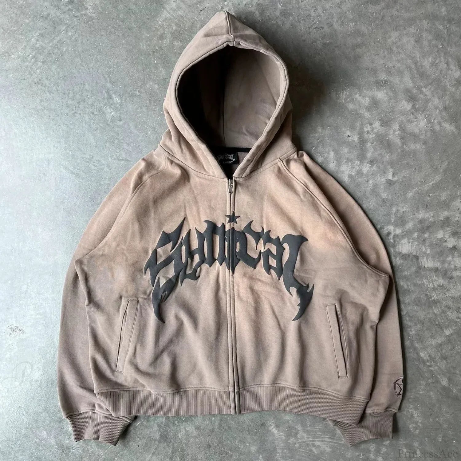 Vintage Gothic Printed Zipper Hoodie Coffee / M