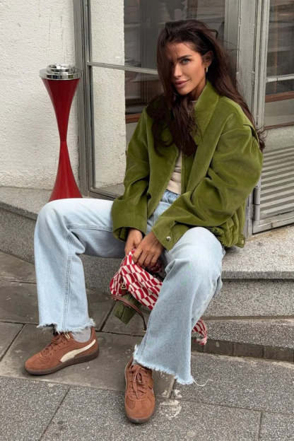 Vintage Green Velvet Loose Baseball Lapel Jacket