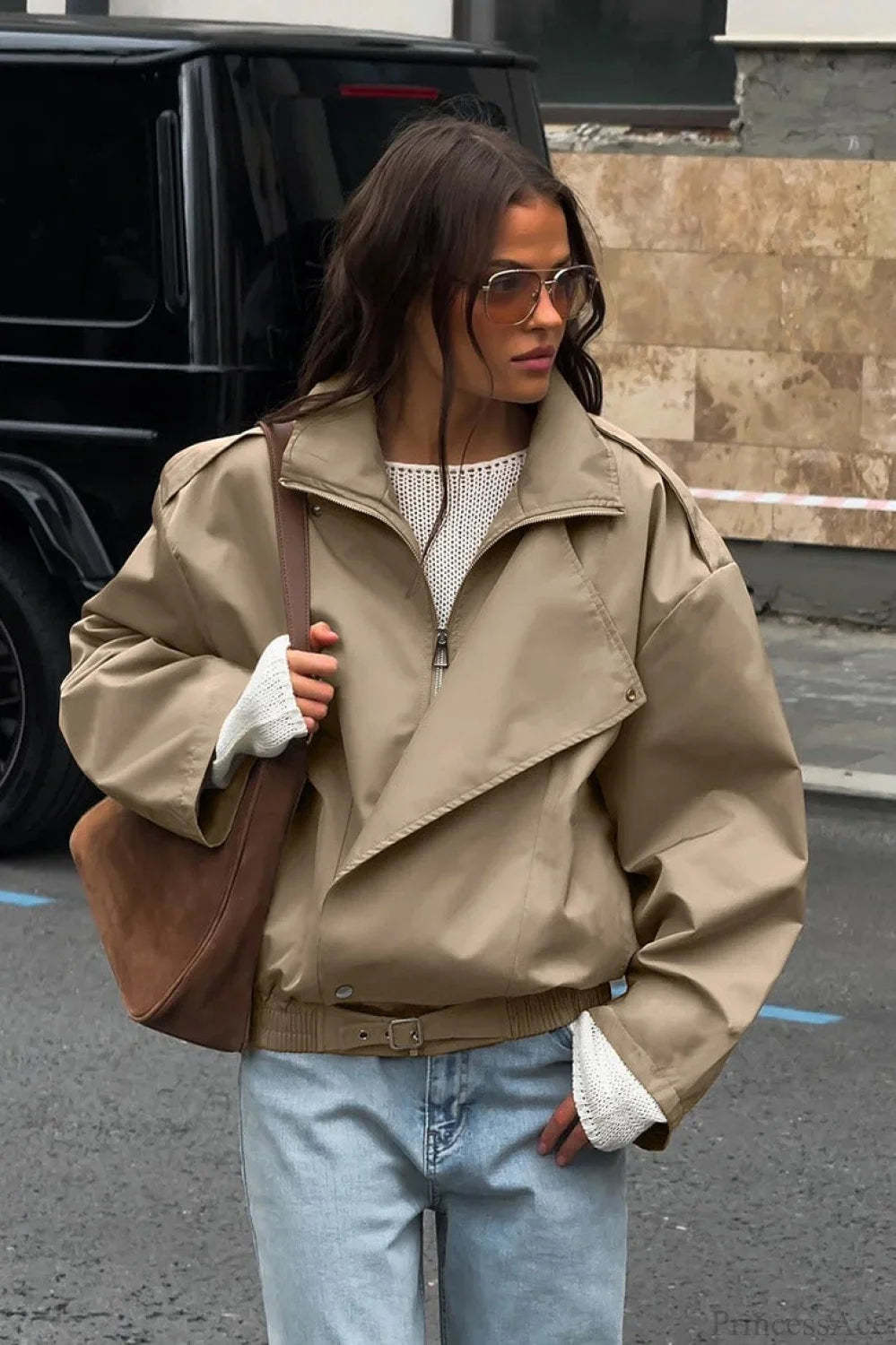 Vintage Khaki Lapel Trench Loose Jacket Khaki / S