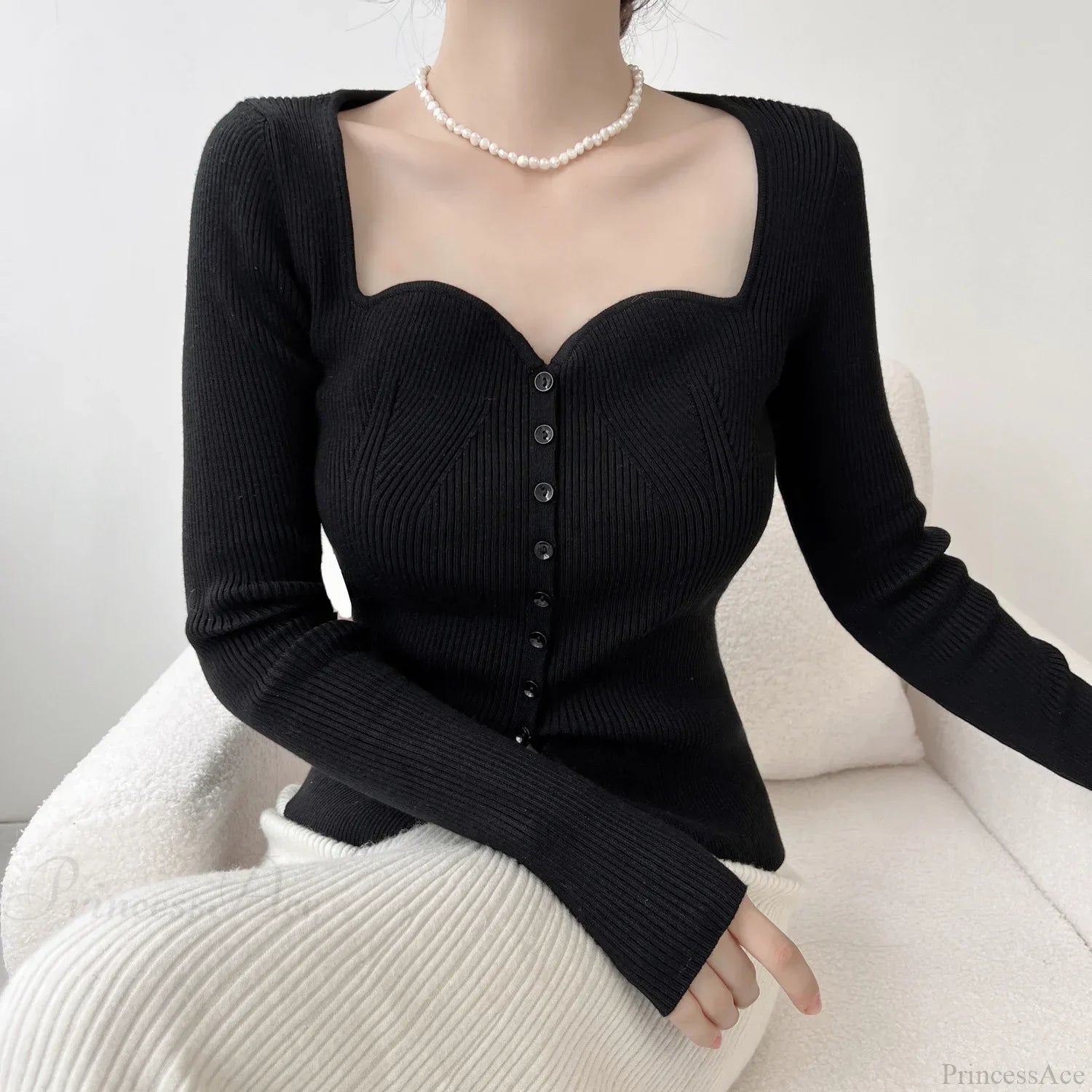 Vintage Long Sleeve Square Collar Slim Fashion Red Christmas Sweater Sweaters-L