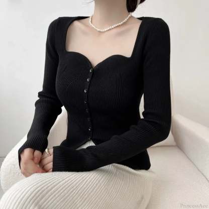 Vintage Long Sleeve Square Collar Slim Fashion Red Christmas Sweater Sweaters-L