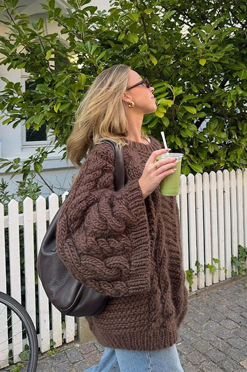 Vintage Loose Comfortable Crew Neck Wide Sleeve Cable Sweater