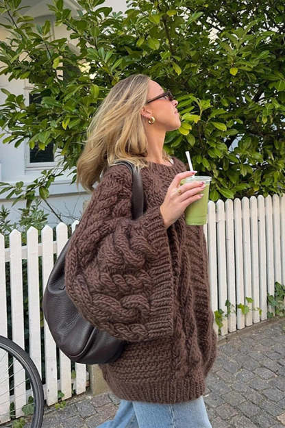 Vintage Loose Comfortable Crew Neck Wide Sleeve Cable Sweater