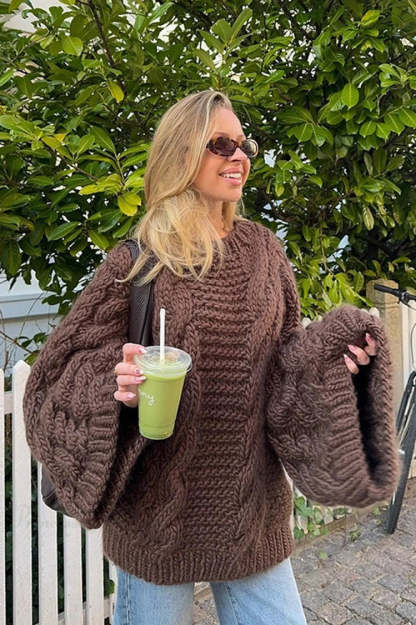 Vintage Loose Comfortable Crew Neck Wide Sleeve Cable Sweater Brown / S