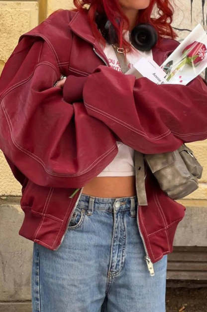 Vintage Loose Long Sleeve Lapel Leather Jacket