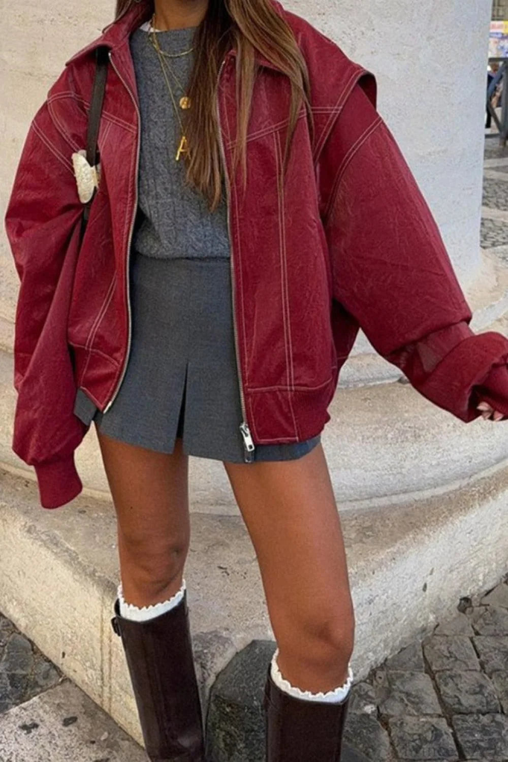 Vintage Loose Long Sleeve Lapel Leather Jacket Red / S