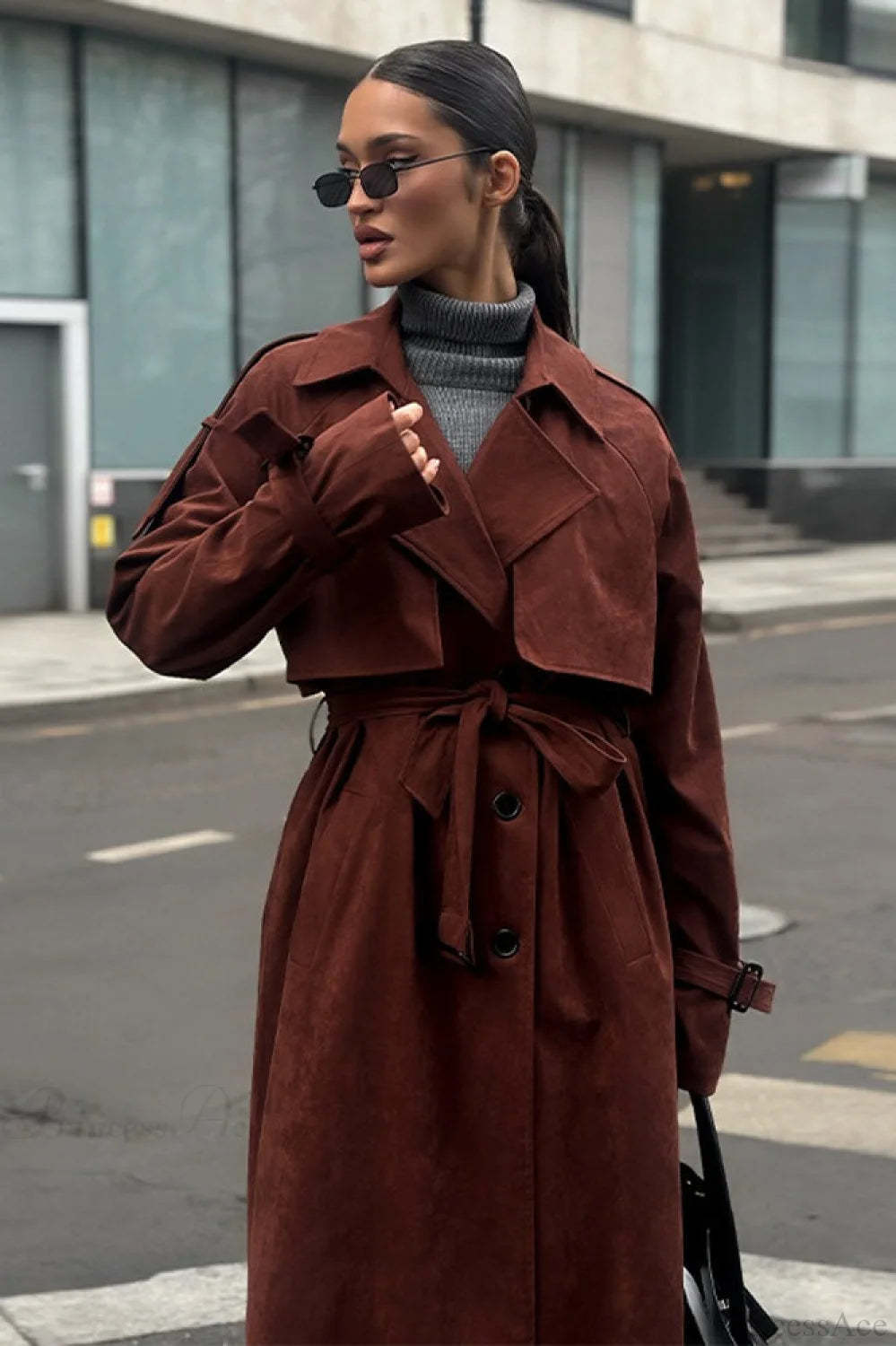 Vintage Maillard Notched Collar Suede Tie-Waist Overcoat