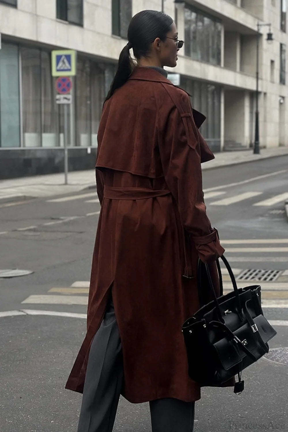 Vintage Maillard Notched Collar Suede Tie-Waist Overcoat