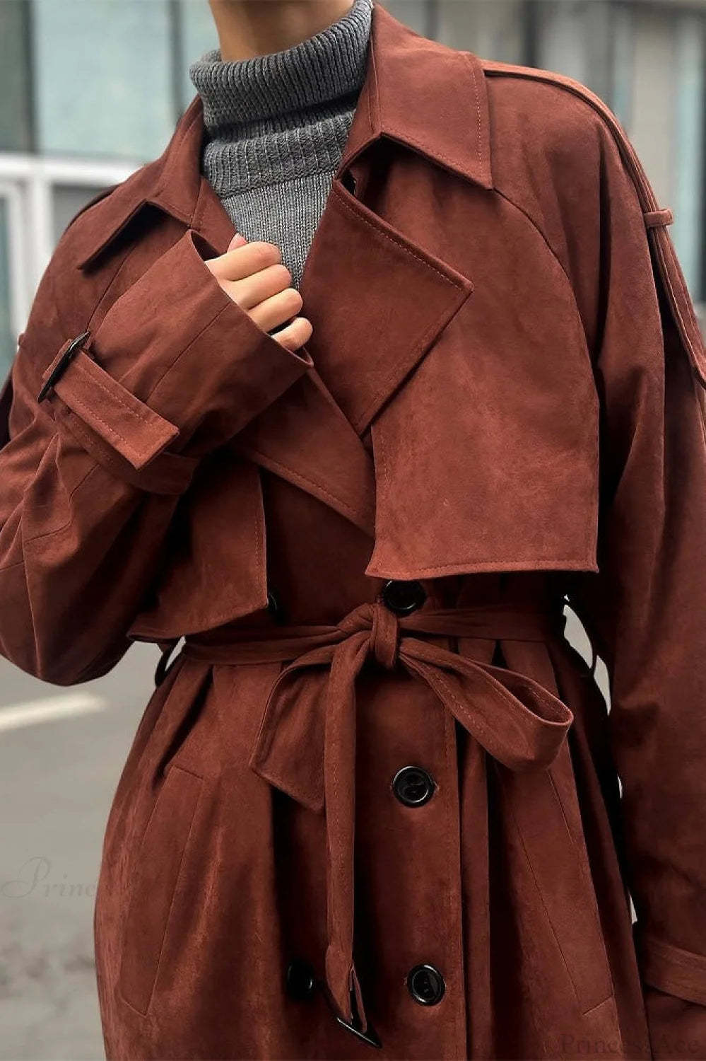 Vintage Maillard Notched Collar Suede Tie-Waist Overcoat