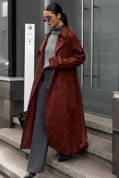 Vintage Maillard Notched Collar Suede Tie-Waist Overcoat