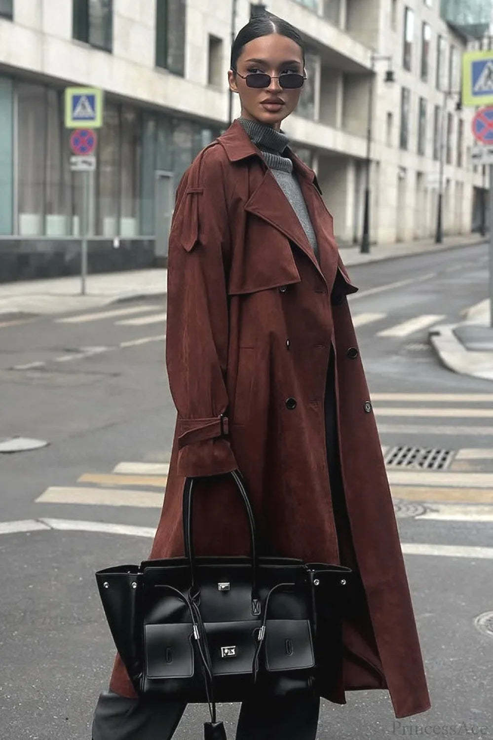 Vintage Maillard Notched Collar Suede Tie-Waist Overcoat