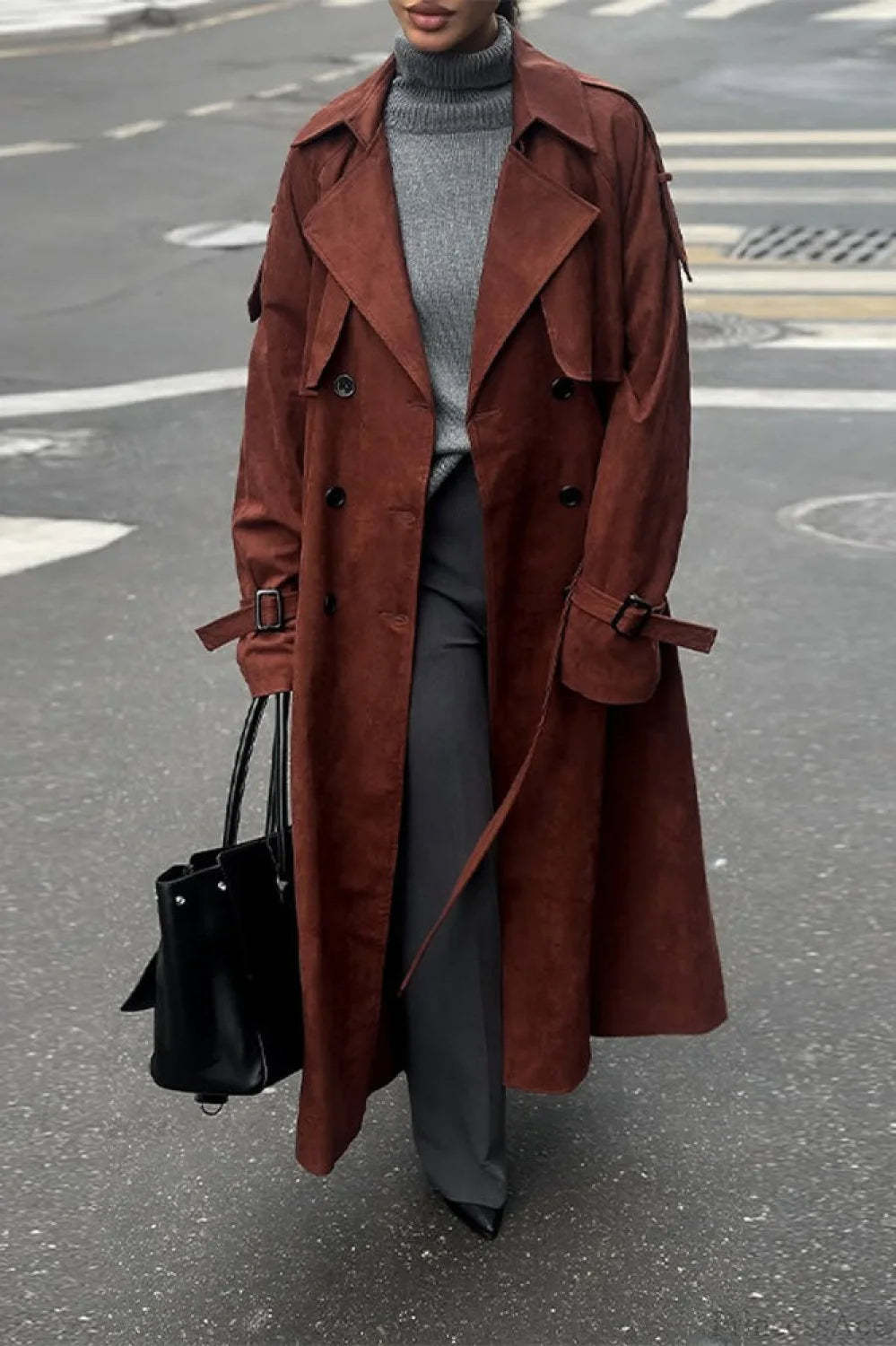 Vintage Maillard Notched Collar Suede Tie-Waist Overcoat Crimson / S