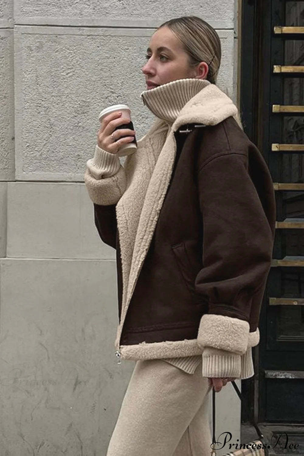 Vintage Oversized Suede Sherpa-Lined Coat