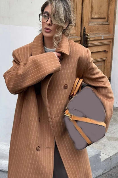 Vintage Pinstripe Notched Collar Wool Blend Overcoat