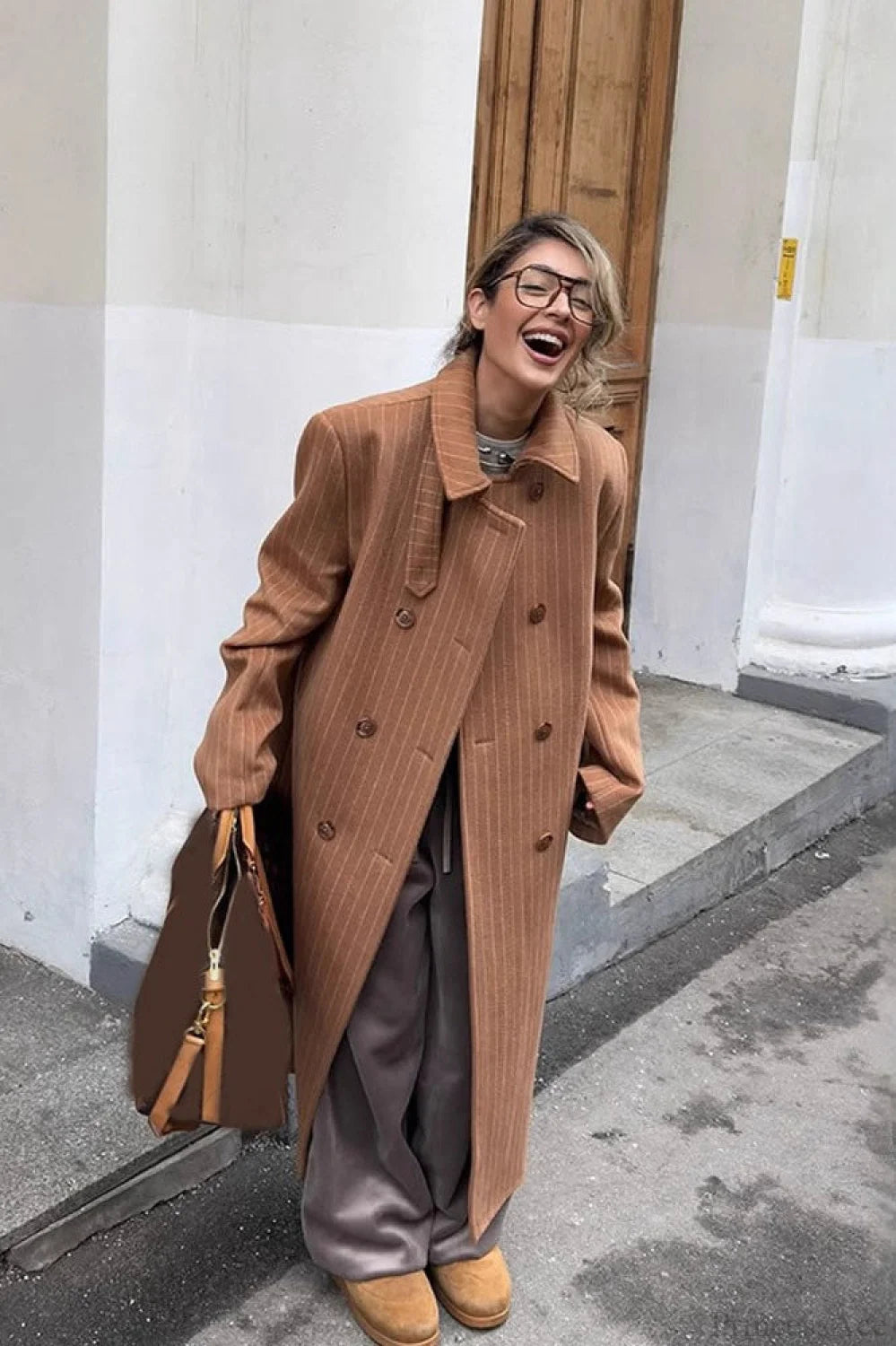 Vintage Pinstripe Notched Collar Wool Blend Overcoat