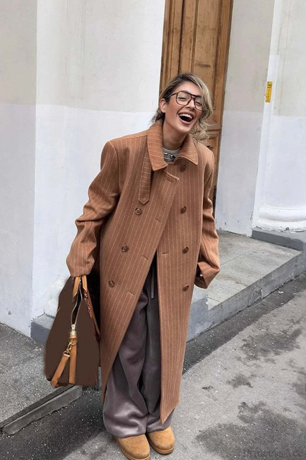 Vintage Pinstripe Notched Collar Wool Blend Overcoat