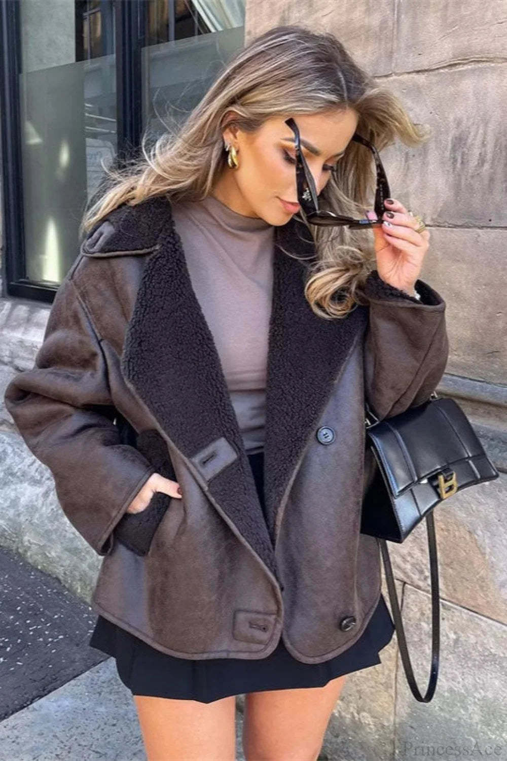 Vintage Reversible Fleece Loose Chic Warm Coat Dark brown / S