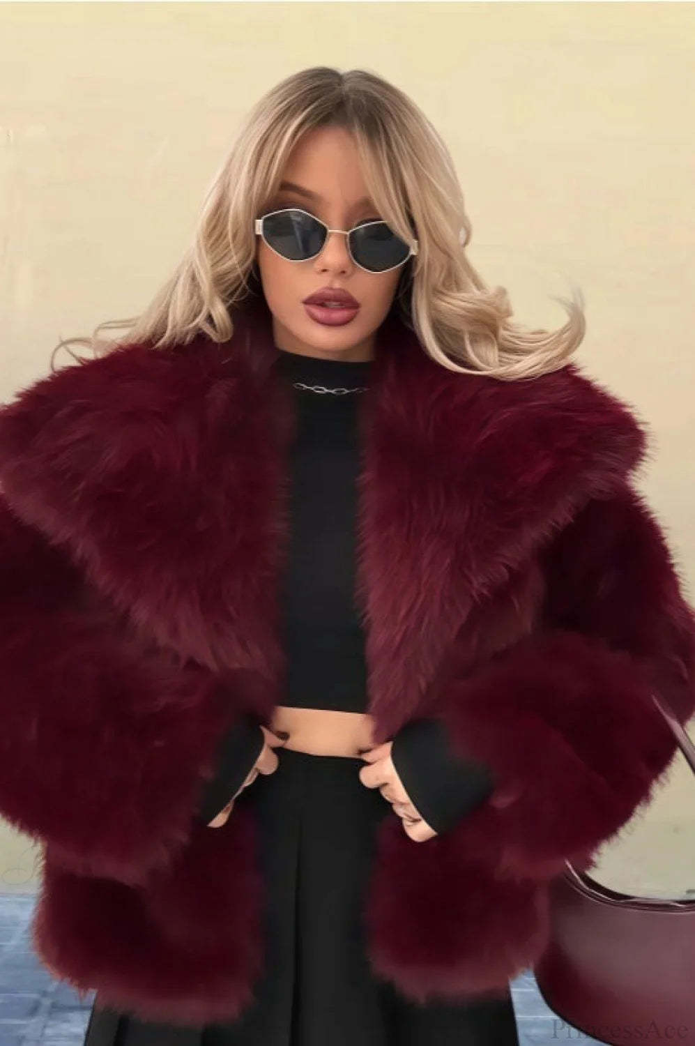 Vintage Solid Color Faux Fur Minimalist Coat Burgundy / XS