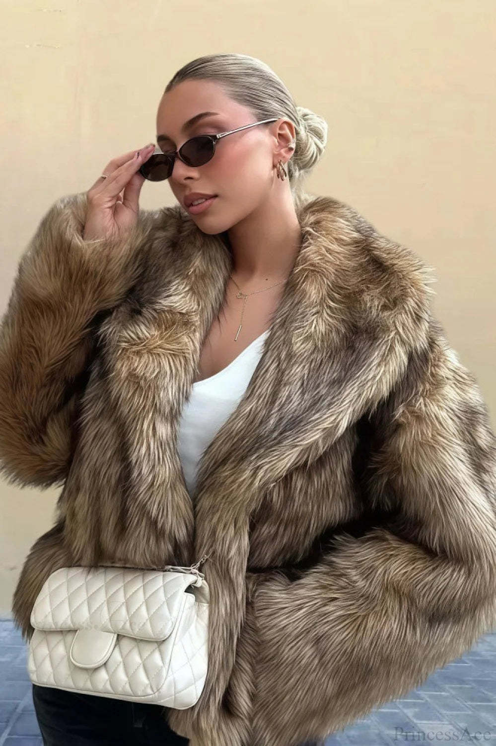 Vintage Solid Color Faux Fur Minimalist Coat Khaki / XS