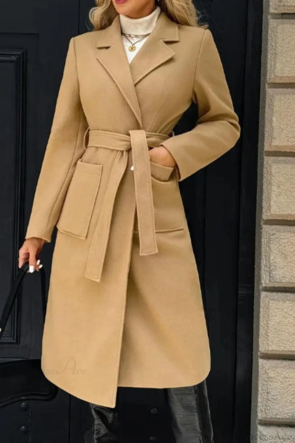 Vintage Solid Color Minimalist Tie Waist Wool Blend Notched Overcoat